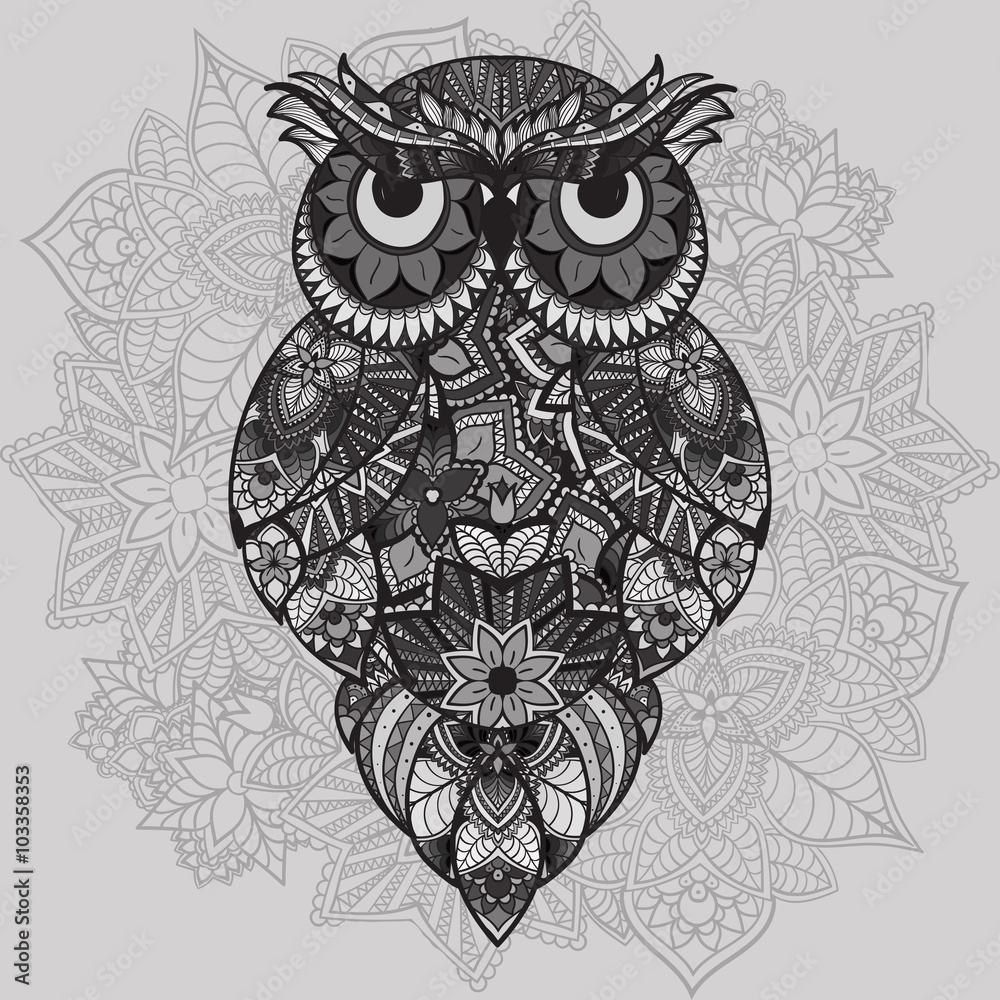 Patterned vector owl on the ornamental mandala background. African, indian, totem, tattoo design. Vector owl in tribal. doodle isolated black and white owl Patterned vector owl on the ornamental mandala background. African, indian, totem, tattoo design. Vector owl in tribal. doodle isolated black and white owl