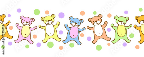 Seamless kids border pattern with funny coloful teddy-bears and dots. Childs cartoon illustrtion in vector.
