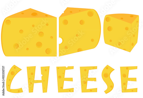 Three pieces of cheese, isolated objects on the white background with text