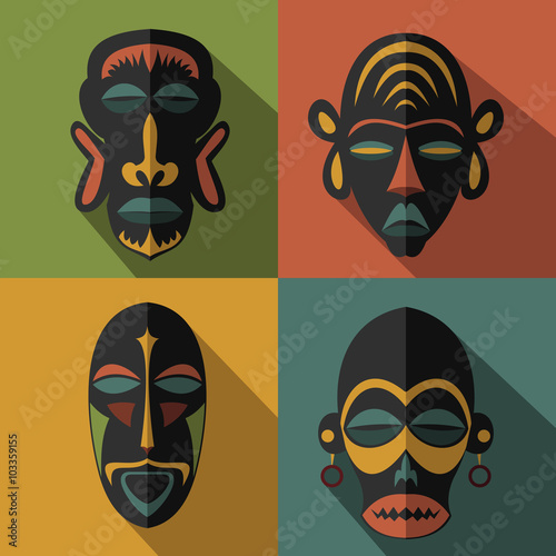 Set of African Ethnic Tribal masks on color background. Flat icons. Ritual symbols.