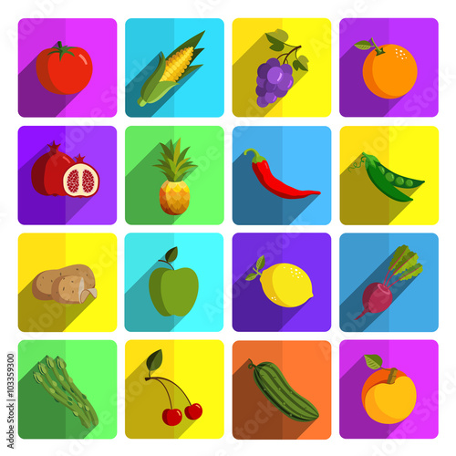 Modern fruits and vegetables vector icon set