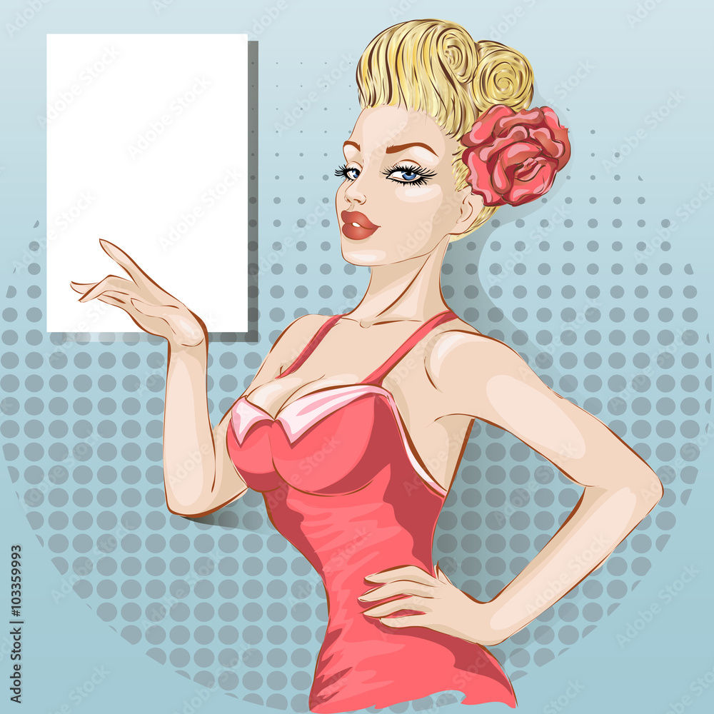 Pin-up sexy woman holding a blank paper sheet vector de Stock | Adobe Stock