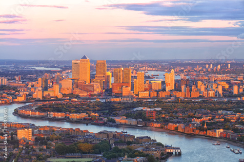 Photography Aerial view of east London financial district of Canary Wharf Docklands circled