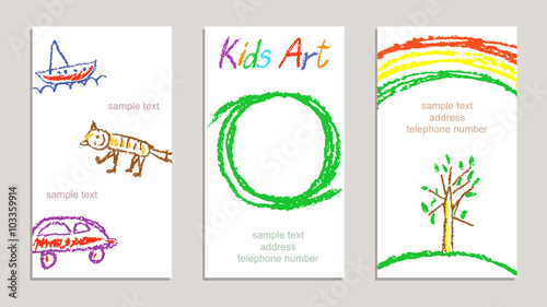 Set of wax crayon kid`s drawn colorful sample cards with hand drawing tree, cat, car, ship, letters. Hand drawn art background. Child`s painting pastel chalk and design elements, vector.