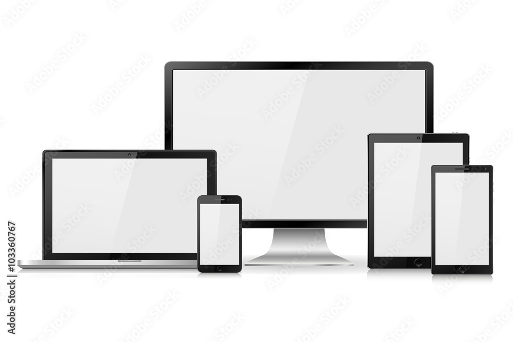 Set of realistic computer monitor, laptop, tablet and mobile phone with empty white screen. Various modern electronic gadget isolated on white background. Vector illustration EPS10 Set of realistic computer monitor, laptop, tablet and mobile phone with empty white screen. Various modern electronic gadget isolated on white background. Vector illustration EPS10