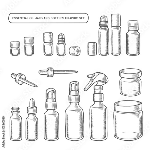 Essential oil jars and bottles hand drawn graphic set. Vector vintage illustration.