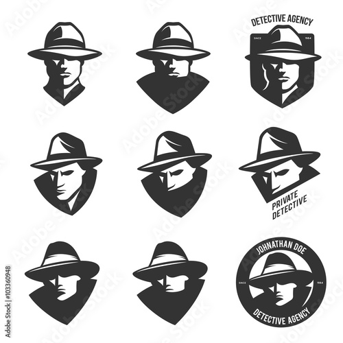 Set of detective agency emblems with abstract men heads in hats. Vintage vector illustration.