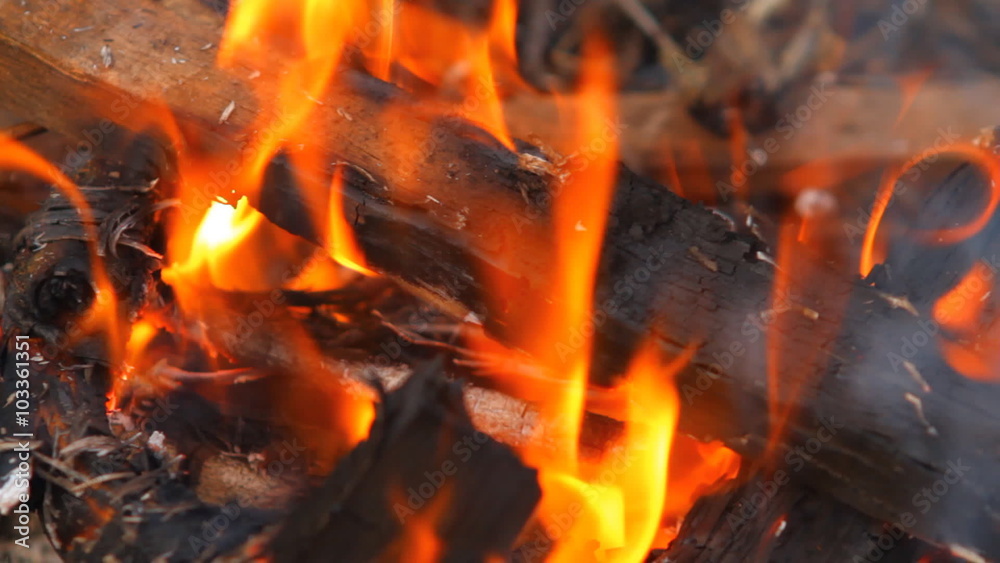 burning wooden beams, close-up