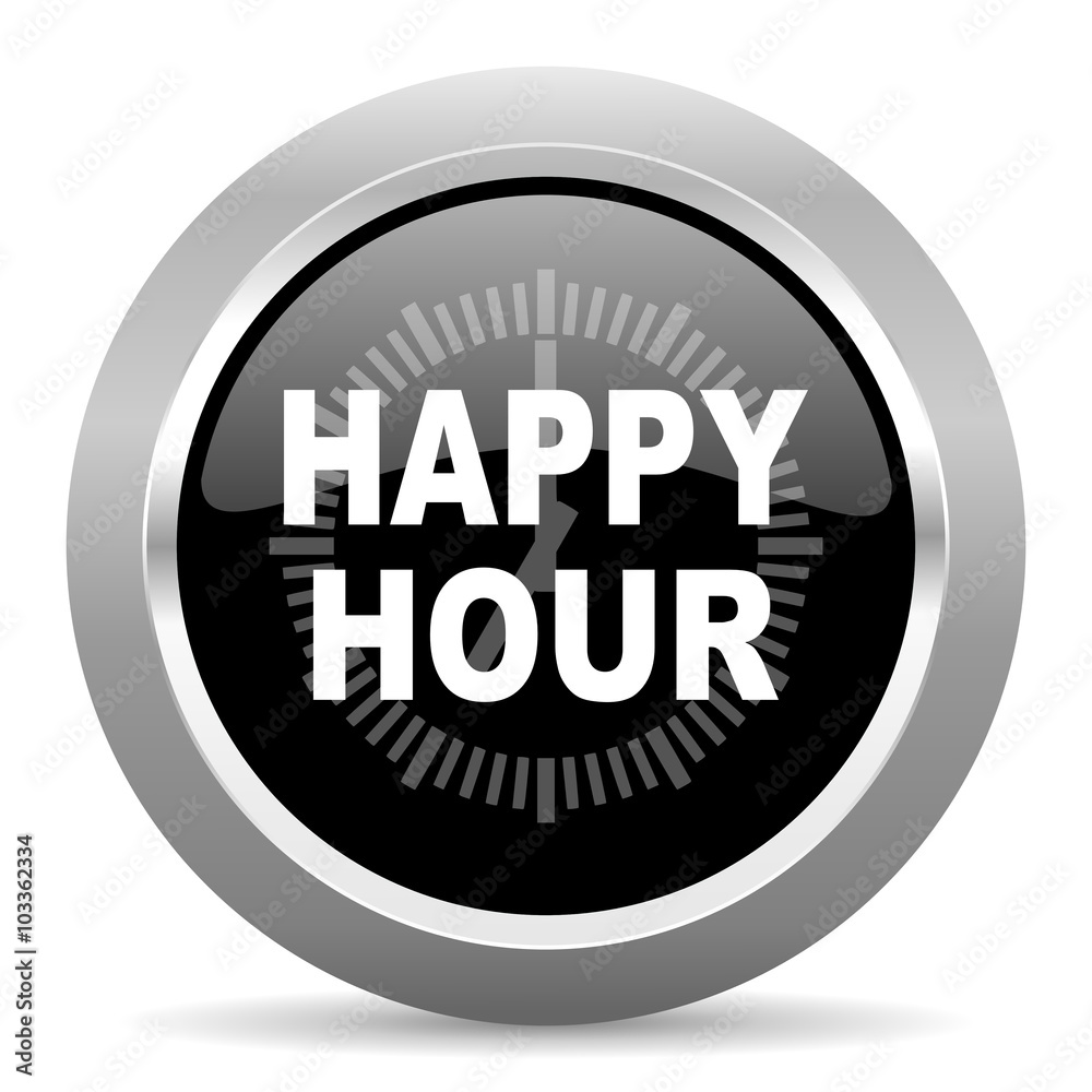 happy hour black metallic chrome web circle glossy icon