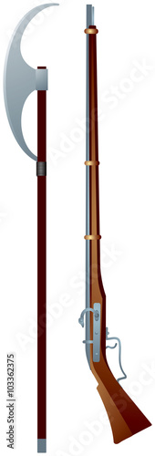 Weapon, bardiche, poleaxes and musket, arquebus, firearms and cold pole weapon of infantry from the 16th to the early 18th centuries
