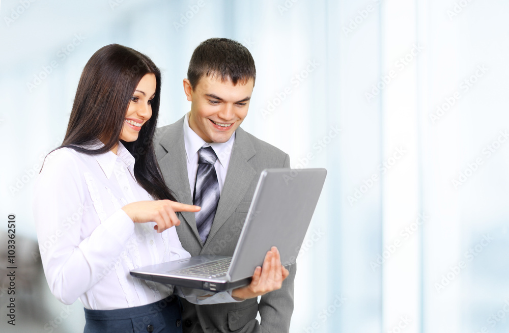 business partners with laptop on white background business partners with laptop on white background
