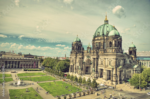 Berlin Cathedral (Berliner Dom) and Lustgarten located on Museum Island (Museumsinsel), Berlin Mitte, Germany, Europe, vintage style 