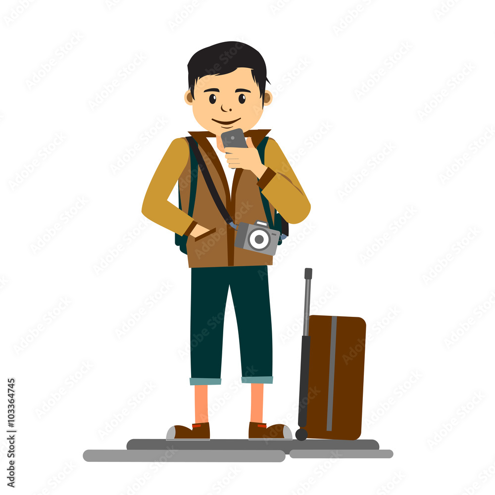 Young handsome man traveler or tourist with travel trolley and camera holding mobile phone as he starts his vacation full length illustration Young handsome man traveler or tourist with travel trolley and camera holding mobile phone as he starts his vacation full length illustration