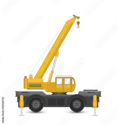 Mobile crane vector design. Industrial machine equipment or vehicle with hoist, hook, rope and hydraulic telescopic boom for service, erection and lifting heavy load in building construction site.