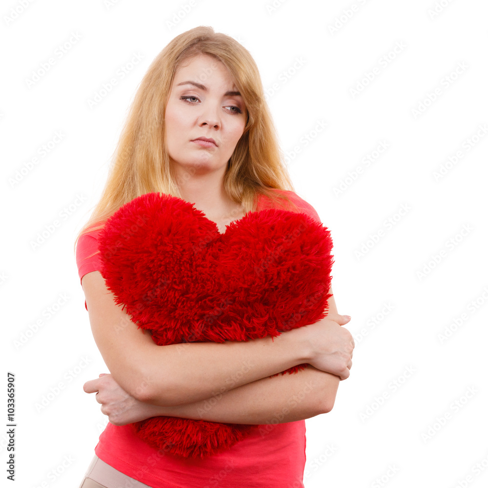 Woman sad girl hugging red heart love symbol Woman sad girl hugging red heart love symbol