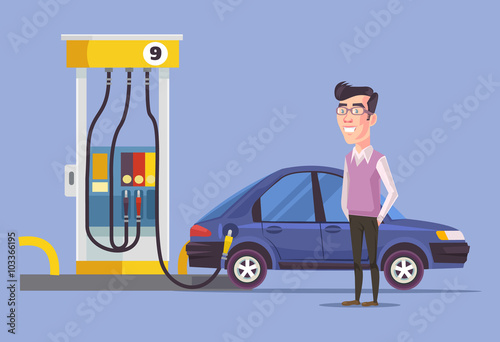 Gas station and man. Vector flat illustration