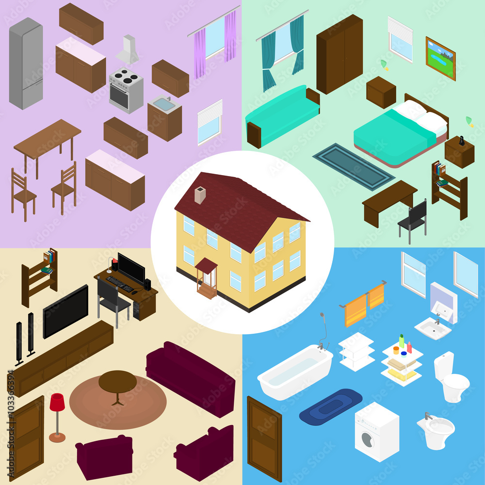 Isometric furniture set. The house, furniture for kitchen, bathroom, living room, bedroom.