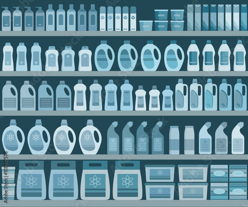Household supplies aisle in the supermarket, shelves filled with cleaning products. Vector background.
