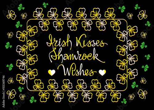 Vector  St. Patrick's greetings card with golden clovers on a black background.