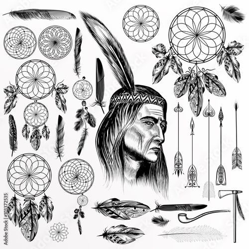 Big collection or set of vector hand drawn tribal elements