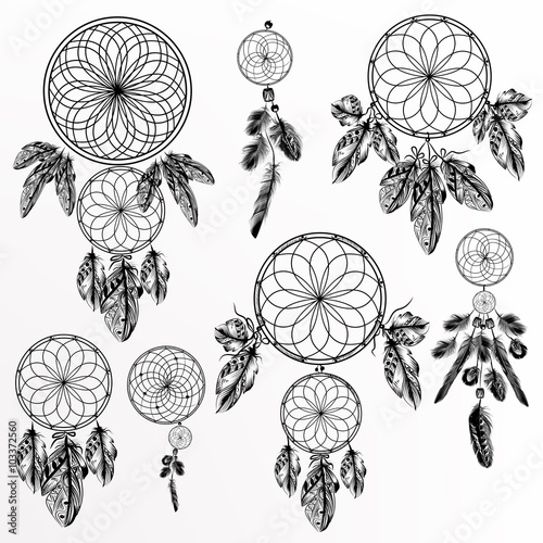 Vector set with hand drawn dream catchers in engraved style