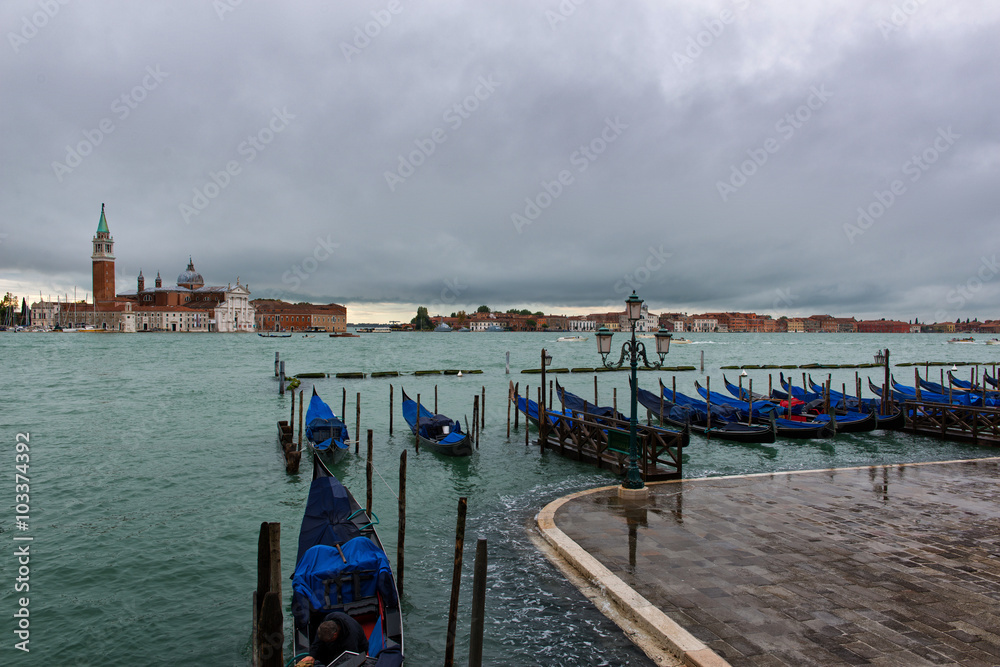 Gondolas moored in the Giudecca Canal, Venice
