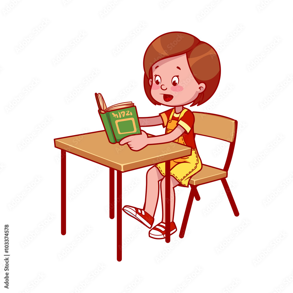 School girl at a school desk reading a book. School girl at a school desk reading a book.