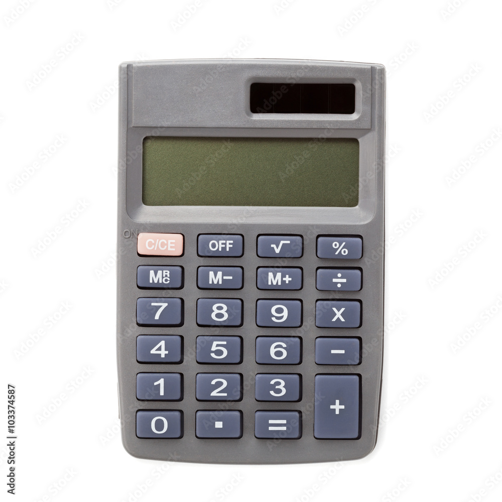 Pocket calculator on white background, top view Pocket calculator on white background, top view