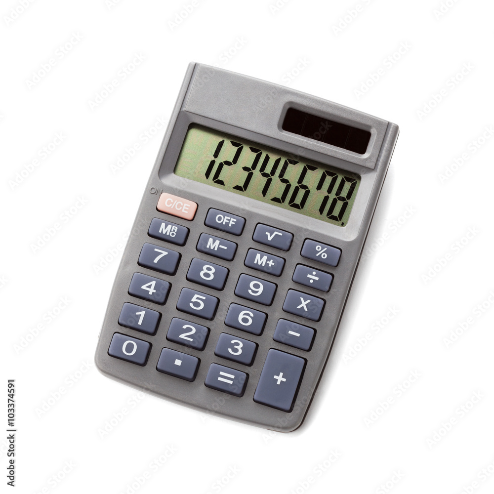 Pocket calculator on white background, top view Pocket calculator on white background, top view