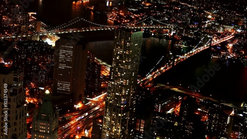 Aerial Drone Footage Illuminated Brooklyn Bridge Transportation Travel USA Connection Manhattan River New York City Landmark Tourism Famous Modern