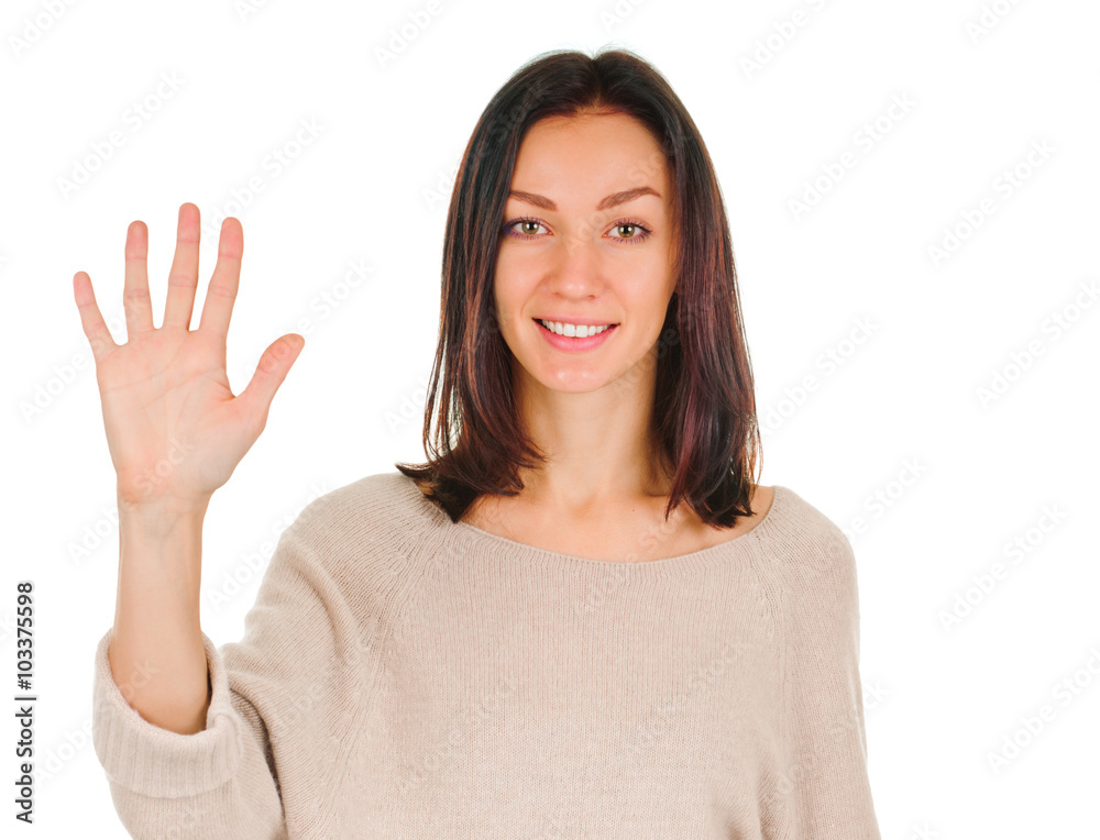 Portrait of happy smiling woman showing five fingers Portrait of happy smiling woman showing five fingers