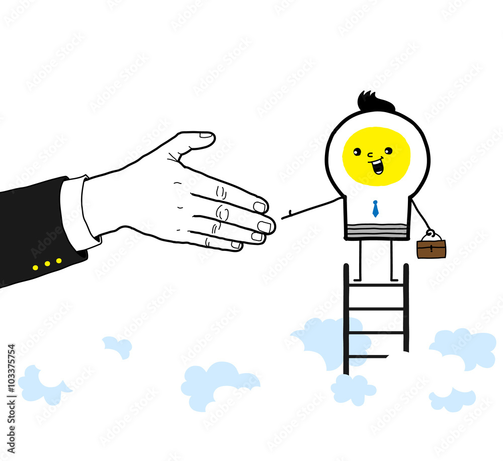 Cooperation / A business man climbs high and shacks hand with partner. Cooperation / A business man climbs high and shacks hand with partner.