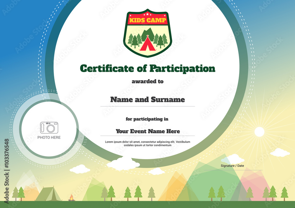 Fototapeta premium Kids certificate template in vector for camping participation