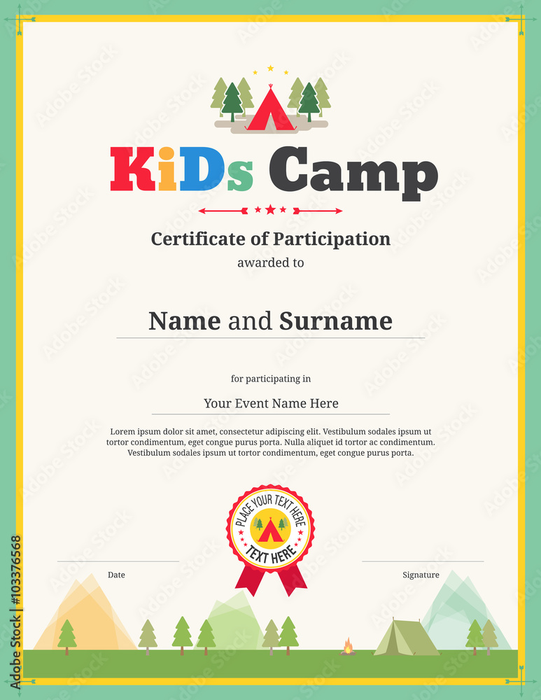 Kids certificate template in vector for camping participation Stock ...