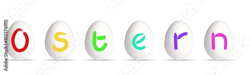 weiße Hühnereier mit buntem Schriftzug "Ostern" - Überschrift Element Hintergrund