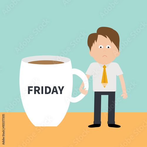 Sleepy businessman manager Friday coffee cup mug Blue background Flat modern simply design