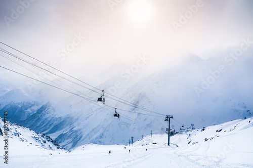 Ski slope and cable car on the ski resort Elbrus