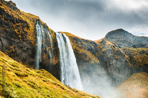 Beautiful and famous Seljalandsfoss waterfall, South Iceland.