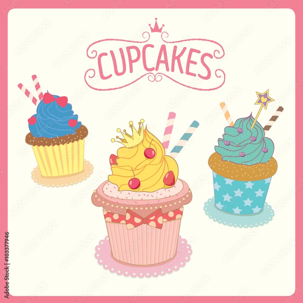 Vector of fancy cupcakes for party in princess theme.Isolated objects pastel color. Vector of fancy cupcakes for party in princess theme.Isolated objects pastel color.