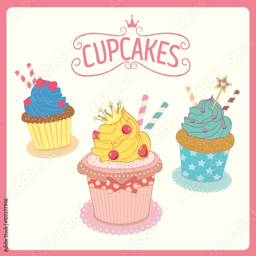 Vector of fancy cupcakes for party  in princess theme.Isolated objects pastel color.