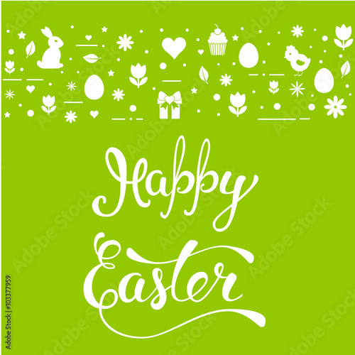 Original hand lettering "Happy Easter" with Easter symbols.