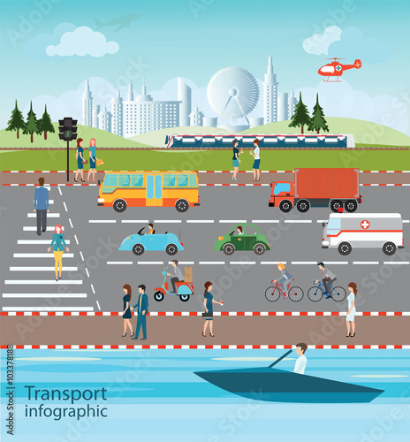 Set of transportation and city traffic.