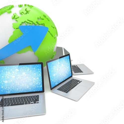 Laptop network around earth globe. 3d render