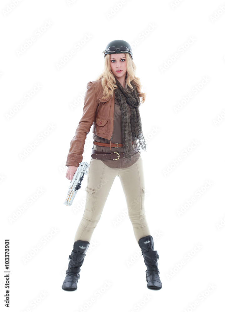 young blonde woman in a steampunk outfit, action hero pose. isolated on white background. young blonde woman in a steampunk outfit, action hero pose. isolated on white background.