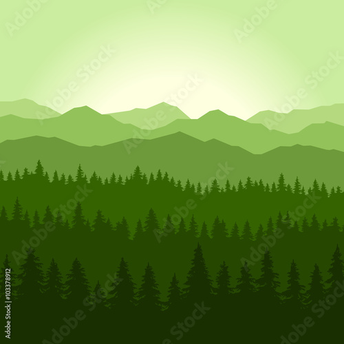 Green Fog Coniferous Forest and Mountains Background. Vector