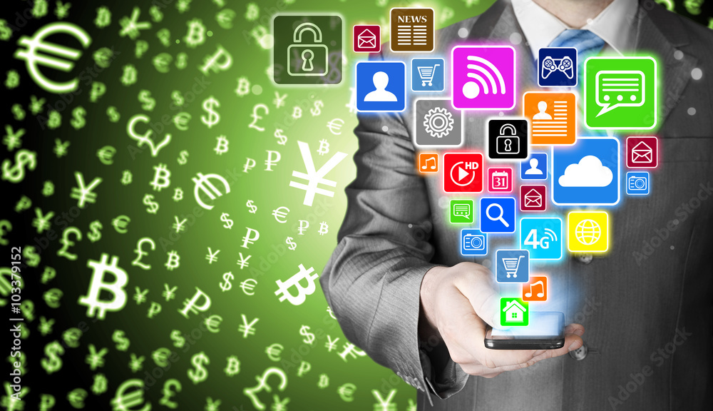 Business man using smart phone with social media icon set Business man using smart phone with social media icon set