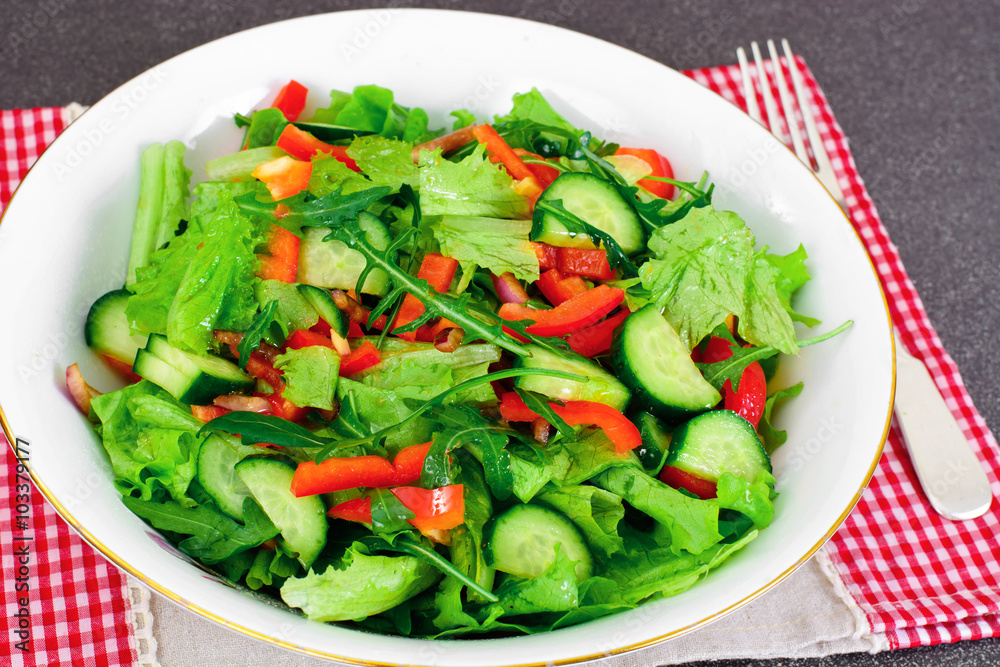 Lettuce with Arugula Cucumber sweet pepper red onion and bals Lettuce with Arugula Cucumber sweet pepper red onion and bals