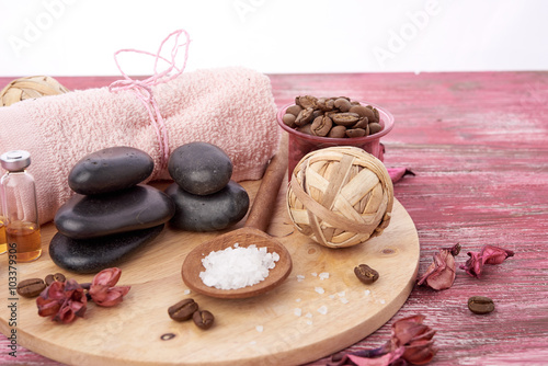 Composition of spa treatment on wooden background