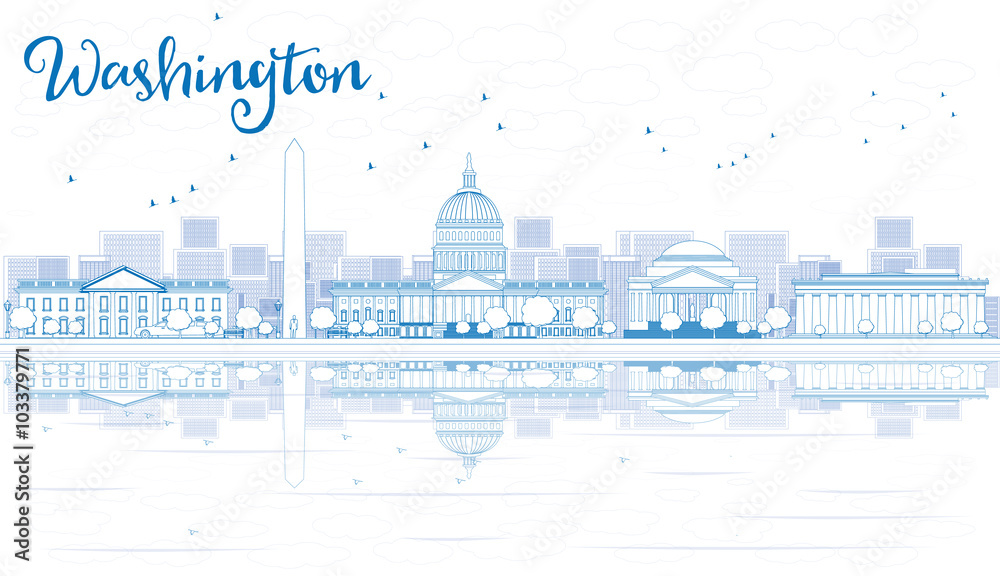 Outline Washington DC Skyline with Blue Buildings and Reflection