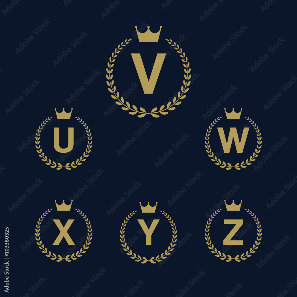 Laurel wreath logo icon with capital alphabet letters. Design template elements - Letter U, V, W, X, Y, Z Laurel wreath logo icon with capital alphabet letters. Design template elements - Letter U, V, W, X, Y, Z